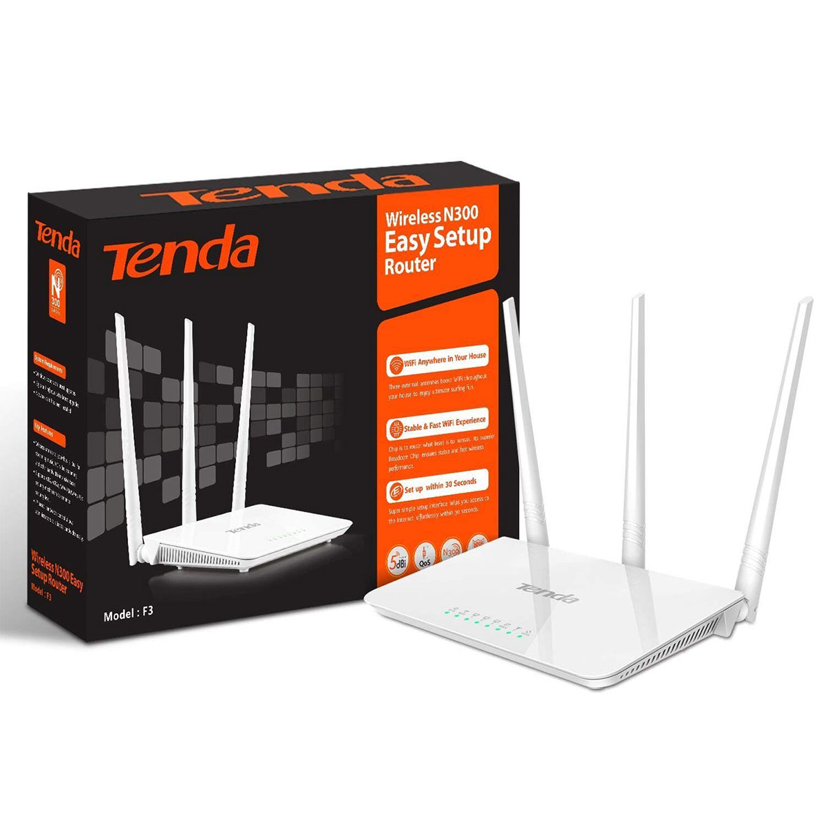 Tenda N300 Wireless Wi-Fi Router with High Power 5dBi Antennas (F3)